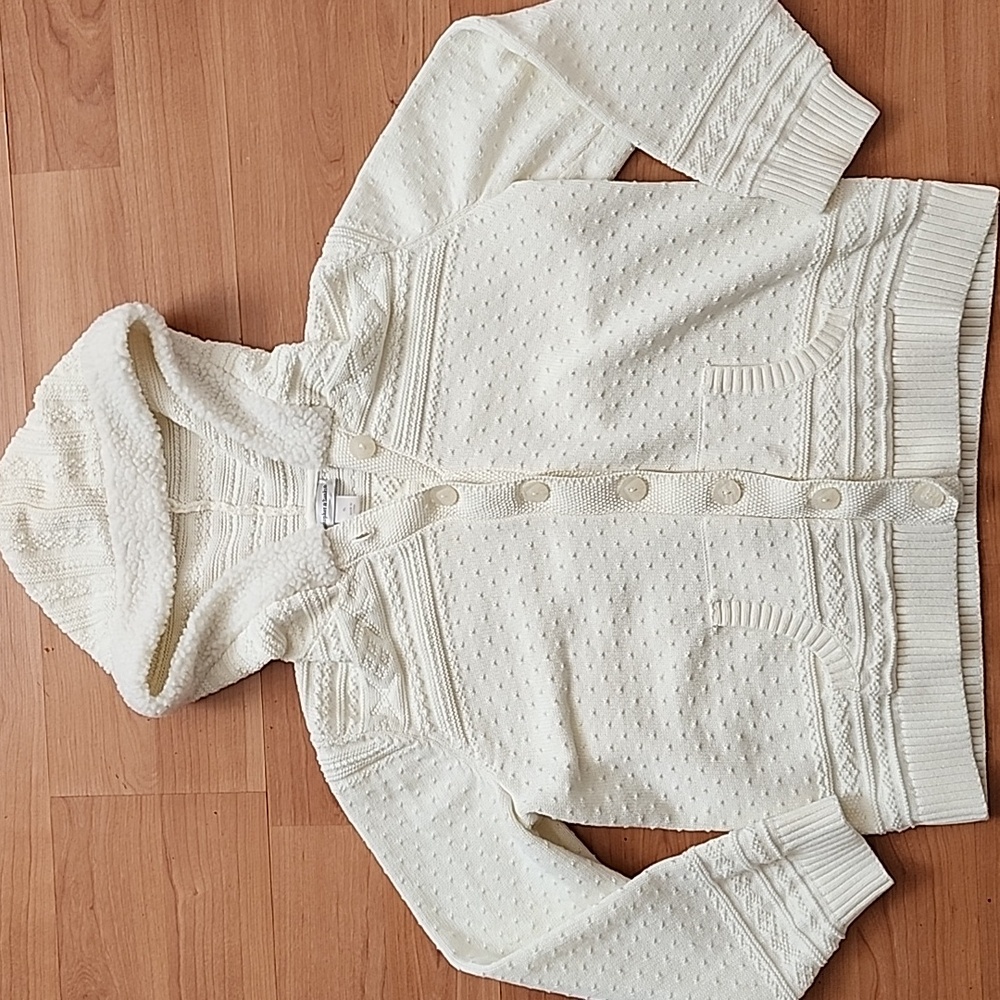 Christopher & Banks Cream Button Up Hooded Sweater With Pockets